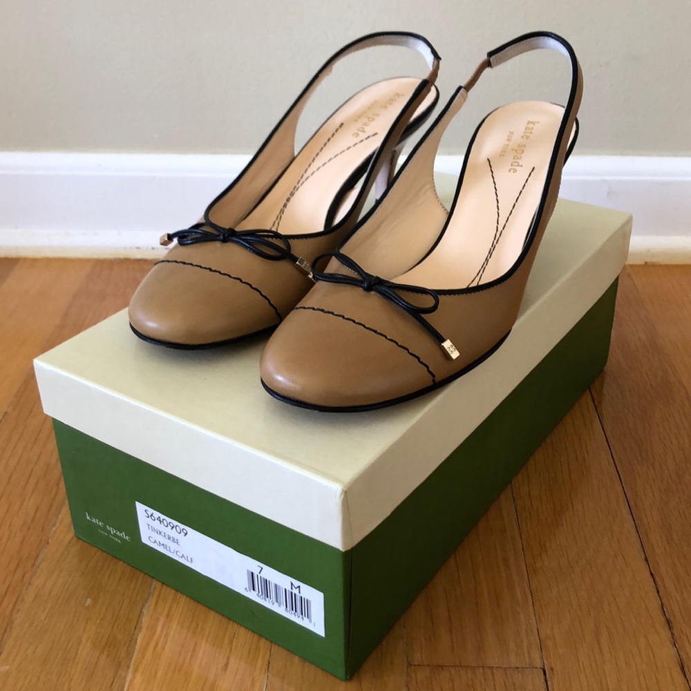 Kate Spade Tinkerbell Slingback Kitten Heels – Camel & Black Leather (Sz 7)